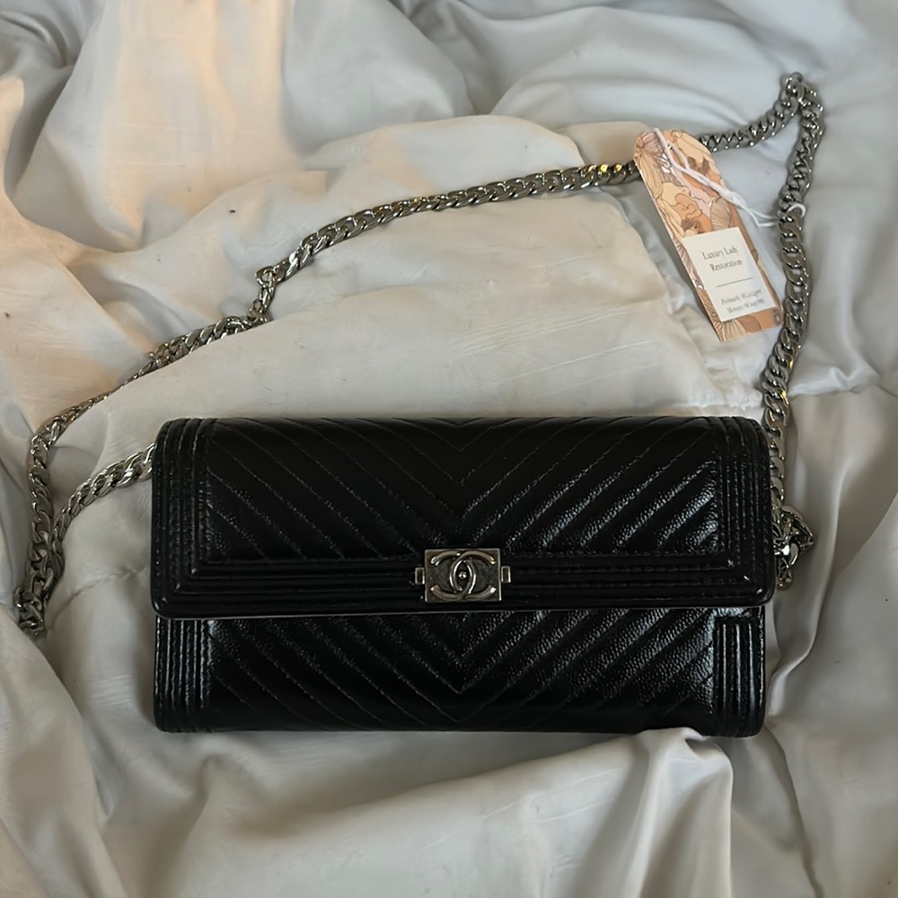 Authentic Chanel Quilted Chevron Boy Wallet Crossbody WOC